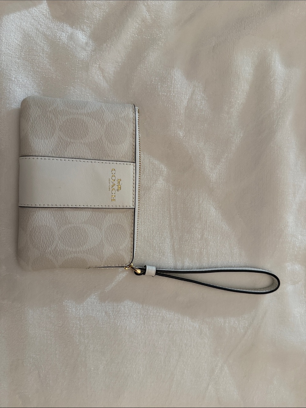 Coach Cream and White Leather Wristlet with Gold Logo